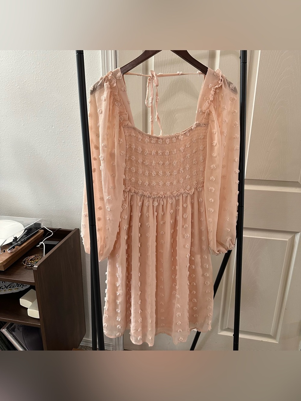 Smocked Puff-Sleeve Midi Dress in Blush Pink